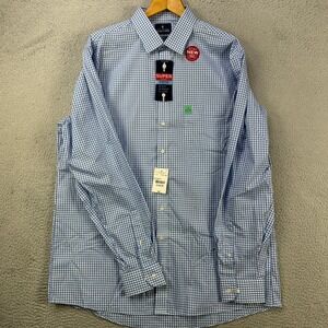 Stafford Travel Shirt Dress Mens 18 38-39 X Tall Blue Gingham Performance NEW